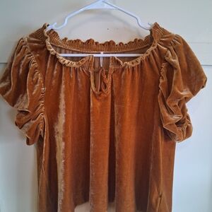 Free People Velvet Peasant Top – Caramel Brown Boho Blouse – Size S